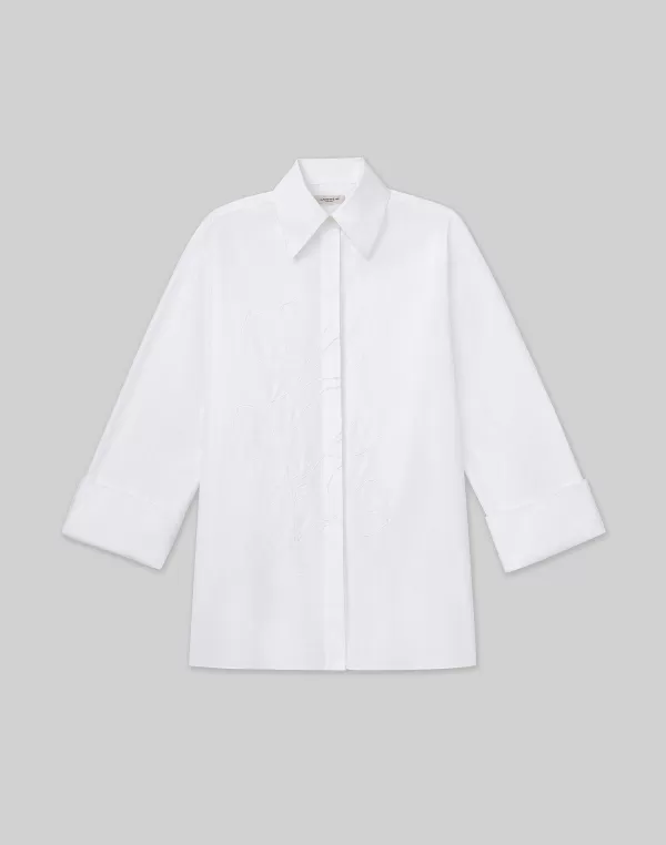Women Lafayette 148 New York Embroidered Rose Organic Cotton Poplin Oversized Shirt