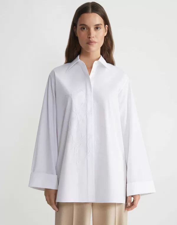 Women Lafayette 148 New York Embroidered Rose Organic Cotton Poplin Oversized Shirt