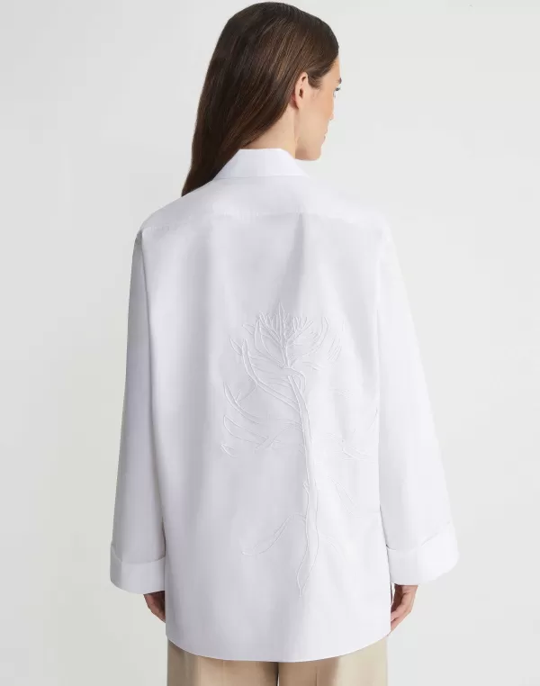 Women Lafayette 148 New York Embroidered Rose Organic Cotton Poplin Oversized Shirt