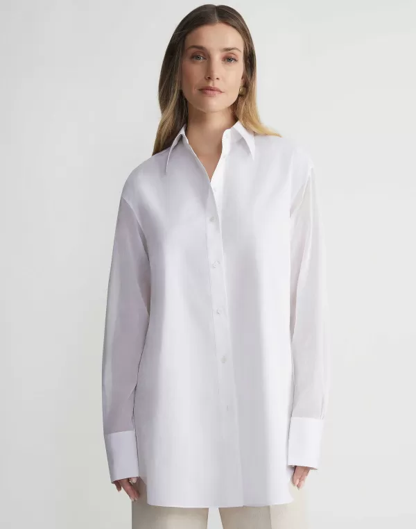 Women Lafayette 148 New York Organic Cotton Poplin Sheer Sleeve Oversized Shirt