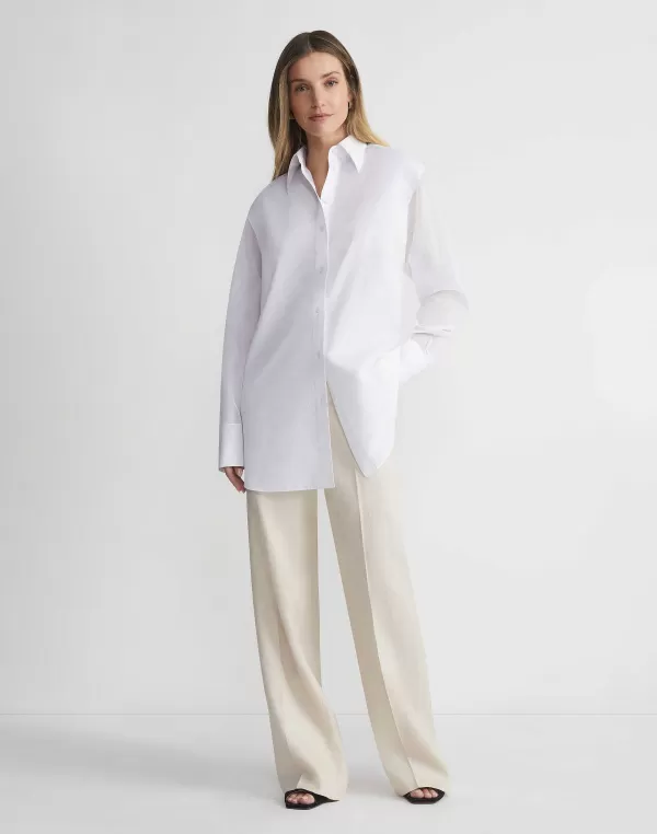 Women Lafayette 148 New York Organic Cotton Poplin Sheer Sleeve Oversized Shirt