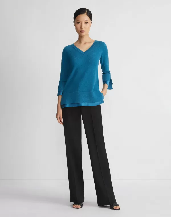 Women Lafayette 148 New York Wool-Cashmere Silk Trimmed Sweater